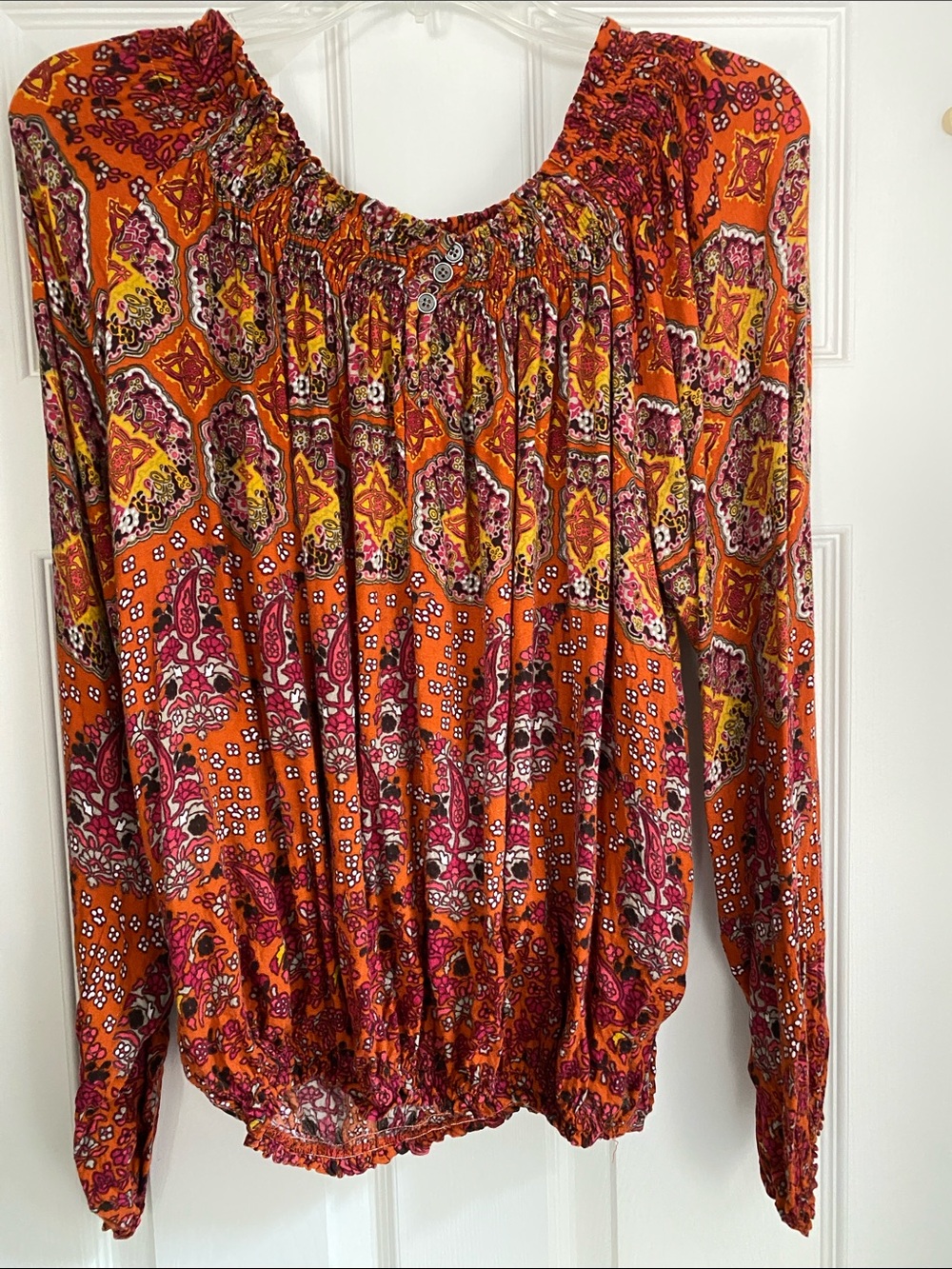 Prana Orange Paisley Boho long sleeve Peasant Blouse